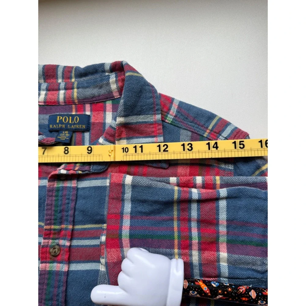 Polo Ralph Lauren Boys Flannel Shirt Plaid Button Down Blue Red Large 14-16